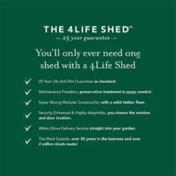 8' X 6' Forest 4Life 25yr Guarantee Overlap Pressure Treated Reverse Apex Wooden Shed (2.42m X 1.99m) -Halls || Lifetime || Keter Sales 2 4life sheds usp bullet points 16