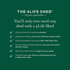 8' X 6' Forest 4Life 25yr Guarantee Overlap Pressure Treated Windowless Reverse Apex Wooden Shed (2.42m X 1.99m) -Halls || Lifetime || Keter Sales 2 4life sheds usp bullet points 32