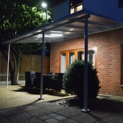 10x24 Palram Canopia Sierra White Patio Cover -Halls || Lifetime || Keter Sales 703194 palram sierra patio cover roof white 3x7 3 lighting2