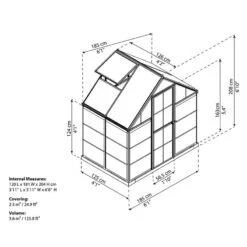 6' X 4' Palram Canopia Hybrid Grey Greenhouse (1.85m X 1.26m) -Halls || Lifetime || Keter Sales 703483 hybrid 6x4 grey greenhouse drawing min 1