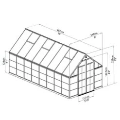 8' X 16' Palram Canopia Balance Silver Greenhouse (4.87m X 2.44m) -Halls || Lifetime || Keter Sales 704764 balance 8x16 silver greenhouse drawing min 1