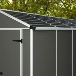6' X 5' Palram Canopia Rubicon Double Door Plastic Garden Shed - Dark Grey (1.85m X 1.53m) -Halls || Lifetime || Keter Sales 706806bun 6x5 palram rubicon dd plastic shed grey close up5 min
