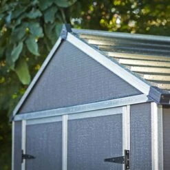 6' X 8' Palram Canopia Rubicon Double Door Plastic Garden Shed - Dark Grey (1.85m X 2.28m) -Halls || Lifetime || Keter Sales 706807bun 6x8 palram rubicon dd plastic shed grey close up6 min