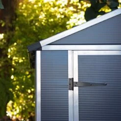 6' X 8' Palram Canopia Rubicon Double Door Plastic Garden Shed - Dark Grey (1.85m X 2.28m) -Halls || Lifetime || Keter Sales 706807bun 6x8 palram rubicon dd plastic shed grey close up7 min