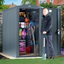 3'6 X 7'4 Asgard Sentry Slimline Metal Shed (1.06m X 2.23m) -Halls || Lifetime || Keter Sales asgen 3x7 asgard sentry slimline metal shed insitu2 min 2