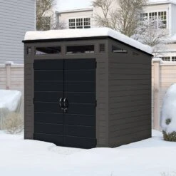 7' X 7' Suncast Modernist Plastic Garden Storage Shed - Peppercorn (2.20m X 2.22m) -Halls || Lifetime || Keter Sales bms7780 7x7 suncast modernist plastic garden storage shed peppercorn insitu3 min 1
