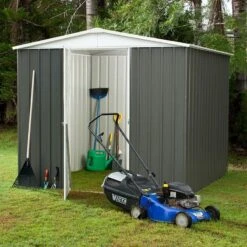 7'5 X 5' Absco Regent Apex Metal Shed - Grey (2.26m X 1.44m) -Halls || Lifetime || Keter Sales esdxl20met121 7x5 regent grey insitu2 min