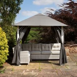 8' X 8' Glendale Vintage Grey Garden Gazebo (2.5m X 2.5m) -Halls || Lifetime || Keter Sales gl1545 8x8 glendale vintage grey garden gazebo insitu3 min