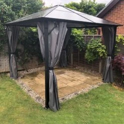 8' X 8' Glendale Peninsula Grey Garden Gazebo (2.5m X 2.5m) -Halls || Lifetime || Keter Sales gl1803 8x8 glendale peninsular grey garden gazebo insitu2 min