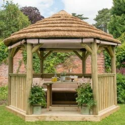 12'x10' (3.6x3.1m) Luxury Wooden Garden Gazebo With Thatched Roof - Seats Up To 10 People -Halls || Lifetime || Keter Sales hgg36mctrlcin 3.6m gazebo thatch cream furnishing