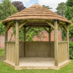 12'x10' (3.6x3.1m) Luxury Wooden Garden Gazebo With Thatched Roof - Seats Up To 10 People