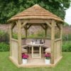 10'x9' (3x2.7m) Luxury Wooden Furnished Garden Gazebo With Thatched Roof - Seats Up To 10 People
