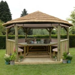 15'x13' (4.7x4m) Luxury Wooden Garden Gazebo With Thatched Roof - Seats Up To 19 People -Halls || Lifetime || Keter Sales hgg47mctrlcin 4.7m gazebo thatch cream furnishing
