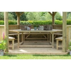 15'x13' (4.7x4m) Luxury Wooden Garden Gazebo With Thatched Roof - Seats Up To 19 People -Halls || Lifetime || Keter Sales hgg47mctrlcin 4.7m hexagonal gazebo interior2