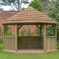 15'x13' (4.7x4m) Luxury Wooden Garden Gazebo With Thatched Roof - Seats Up To 19 People