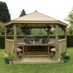 15'x13' (4.7x4m) Luxury Wooden Furnished Garden Gazebo With Timber Roof - Seats Up To 19 People