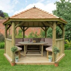 13'x12' (4x3.5m) Luxury Wooden Furnished Garden Gazebo With New England Cedar Roof - Seats Up To 15 People
