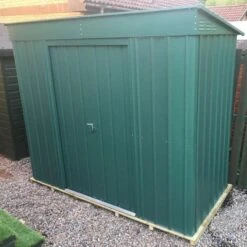 6' X 4' Globel Heritage Green Pent Metal Shed (1.8m X 1.24m) -Halls || Lifetime || Keter Sales lotus6x4penthgs 6x4 lotus green pent metal shed insitu1 min