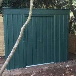 6' X 4' Globel Heritage Green Pent Metal Shed (1.8m X 1.24m) -Halls || Lifetime || Keter Sales lotus6x4penthgs 6x4 lotus green pent metal shed insitu2 min