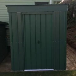 6' X 4' Globel Heritage Green Pent Metal Shed (1.8m X 1.24m) -Halls || Lifetime || Keter Sales lotus6x4penthgs 6x4 lotus green pent metal shed insitu3 min