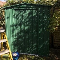 6' X 8' Globel Heritage Green Apex Metal Shed (2.47m X 1.84m) -Halls || Lifetime || Keter Sales lotus6x8hgs 6x8 lotus green apex metal shed insitu1 min