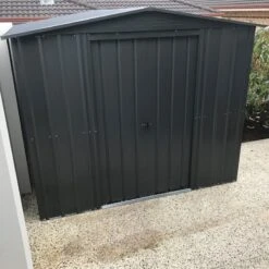 8' X 8' Globel Anthracite Grey Apex Metal Shed (2.45m X 2.47m) -Halls || Lifetime || Keter Sales lotus88ag 8x8 lotus anthracite grey metal shed insitu3 min 1