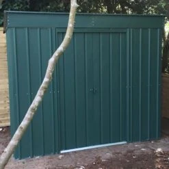 8' X 4' Globel Heritage Green Pent Metal Shed (2.42m X 1.24m) -Halls || Lifetime || Keter Sales lotus8x4penthgs 8x4 lotus green pent metal shed insitu2 min