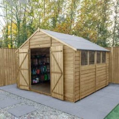 10' X 10' Forest 4Life 25yr Guarantee Overlap Pressure Treated Double Door Apex Wooden Shed (3.2m X 3.02m)