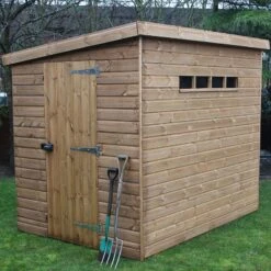 7' X 5' Traditional Shiplap Pent Security Wooden Garden Shed (2.14m X 1.52m) -Halls || Lifetime || Keter Sales pent security sheds insitu1 min 5