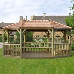 20'x15' (6x4.7m) Premium Oval Furnished Wooden Garden Gazebo With New England Cedar Roof - Seats Up To 27 People
