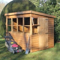 8' X 6' Traditional Shiplap Sun Pent 6' Gable Wooden Garden Shed (2.43m X 1.83m) -Halls || Lifetime || Keter Sales sun pent sheds insitu1 min