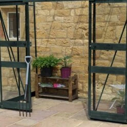 8' X 4' Halls Cotswold Broadway 84 Green Lean-To Greenhouse (2.56m X 1.32m) -Halls || Lifetime || Keter Sales v01704 8x4 halls cotswold broadway 84 lean to greenhouse green close up1 min